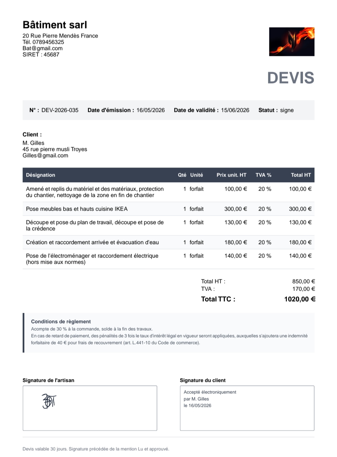 PDF de devis généré par Voquot